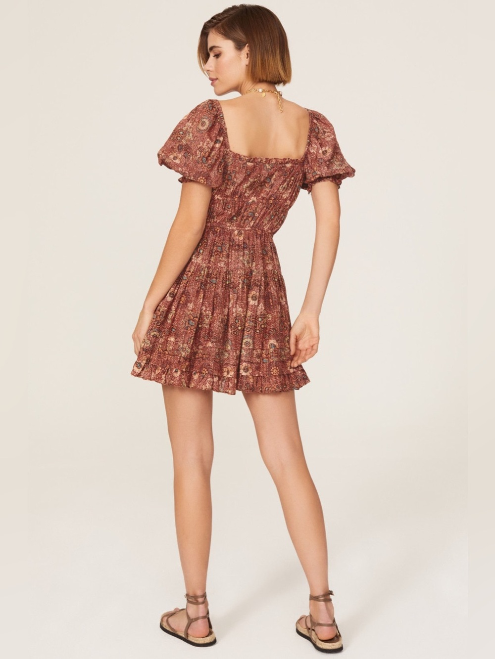 Ulla Johnson Floral Puff Sleeve Smocked Mini Dress Brown Print 4 Boho Romantic - Picture 2 of 16